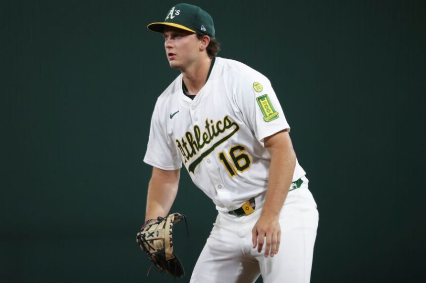 FILE - Athletics first baseman Nick Kurtz waits for the pitch during the fourth inning of a baseball game against the Houston Astros, Tuesday, Sept. 23, 2025, in West Sacramento, Calif. (AP Photo/Scott Marshall, file)
