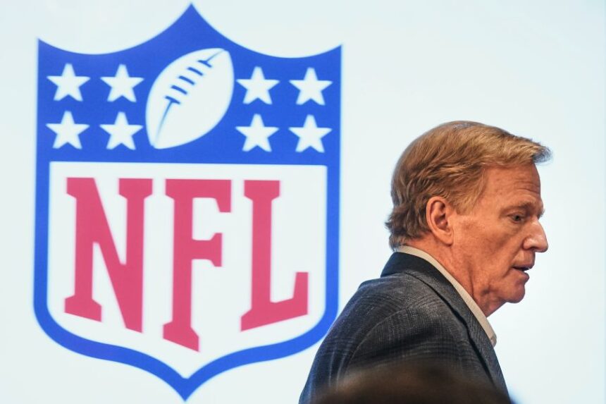 NFL Commissioner Roger Goodell arrives for his news conference at the NFL owners meetings, Wednesday, Oct. 22, 2025, in New York. (AP Photo/Richard Drew