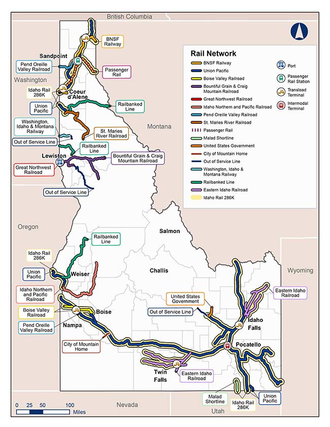 Map of the existing rail lines in the state of Idaho. Idaho's only passenger rail stop is the Amtrak station in Sandpoint, ID. There are 1,828 miles of rail in the state, almost all owned by private rail companies. | Courtesy ITD