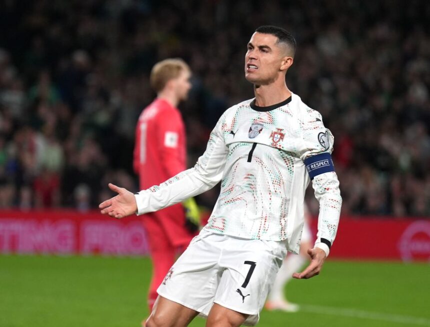 Portugal's Cristiano Ronaldo reacts during a World Cup 2026 group F qualifying soccer match between Ireland and Portugal in Dublin, Thursday, Nov. 13, 2025. (Niall Carson/PA via AP)