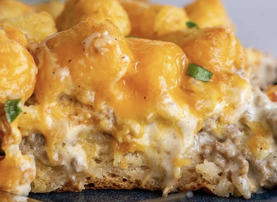 Creamy, gooey biscuits and gravy tater tot casserole