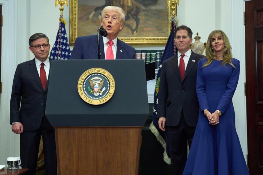 President Donald Trump speaks during an event on "Trump Accounts" for kids in the Roosevelt Room of the White House, Tuesday, Dec. 2, 2025, in Washington. From left, Speaker of the House Mike Johnson, of La., Trump, Michael Dell, and his wife Susan. | Evan Vucci, Associated Press