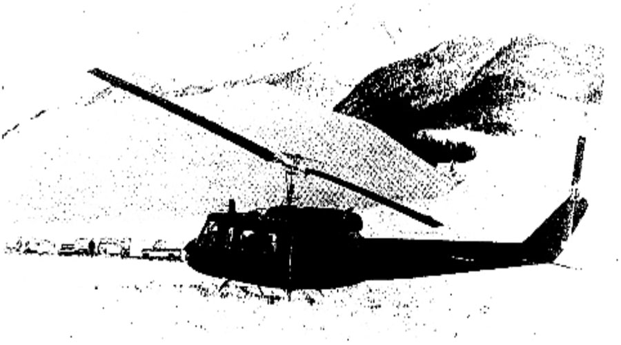 A helicopter that was part of the search effort to find Guy Campbell, 21, and Vaughn Howard, 22, who disappeared on Mt. Borah in 1977.