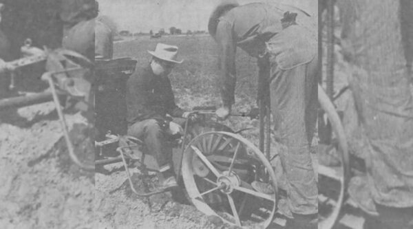 Tree planting -- With the use of a mechanical planter, 1,500 trees were planted on the Lyle Green-Jack Zundel farm near Rigby, Thursday. Lyle Green rides the rear of the machine while "Tex" Crew, operator, inserts seedlings into the planter. Caption dated May 17, 1951.