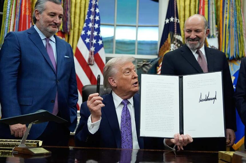 Flanked by Sen. Ted Cruz R-Texas, left, and Secretary of Commerce Howard Lutnick, President Donald Trump displays his signed AI initiative in the Oval Office of the White House, Thursday, Dec. 11, 2025, in Washington. (AP Photo/Alex Brandon)