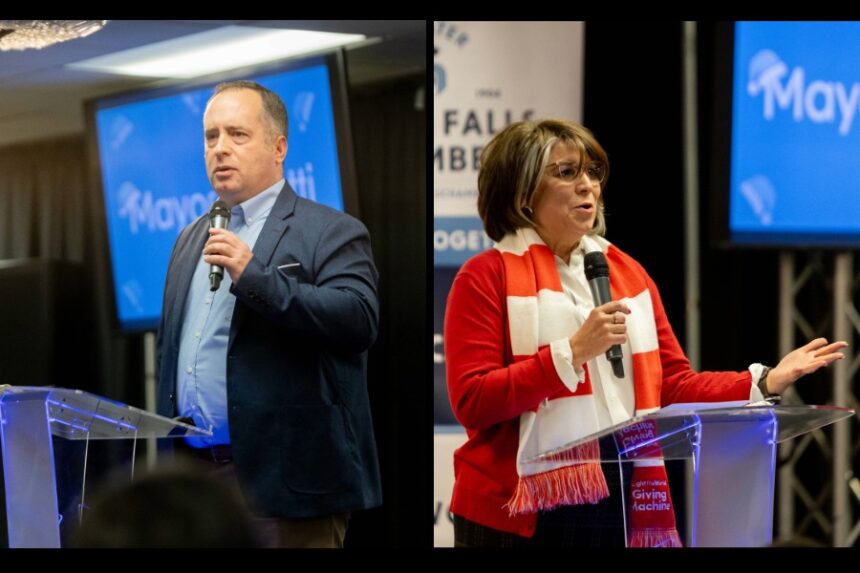 (Left) Ammon Mayor Sean Coletti and (right) Idaho Falls Mayor Rebecca Casper speaking at Tuesday's Greater Idaho Falls Chamber of Commerce event. | Daniel V. Ramirez, EastIdahoNews.com