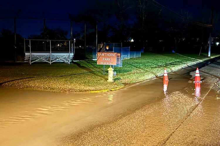 Standing water in front of Hawthorne Park.