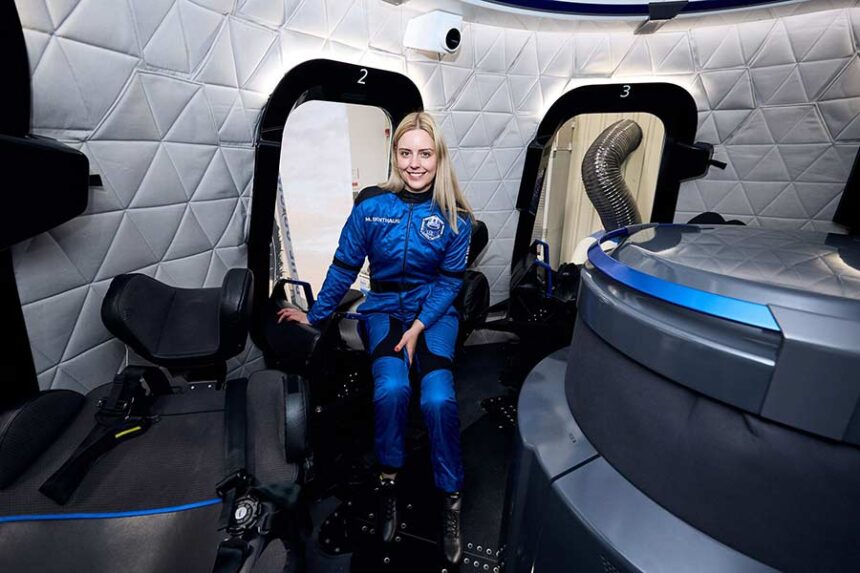 Michi Benthaus poses before her historic flight into space. Mandatory Credit: Courtesy Blue Origin via CNN Newsource