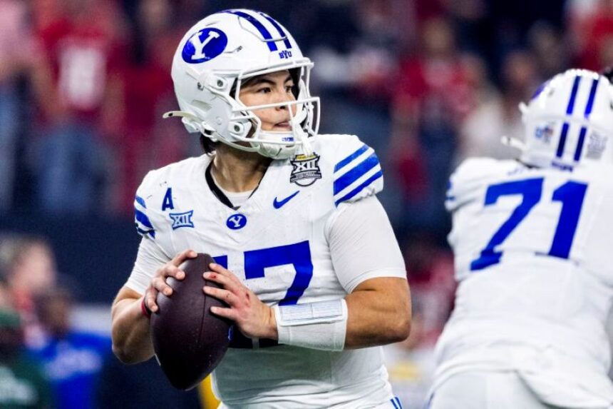 BYU quarterback Bear Bachmeier looks downfield to pass during the Big 12 championship game against Texas Tech. | Isaac Hale, Deseret News.