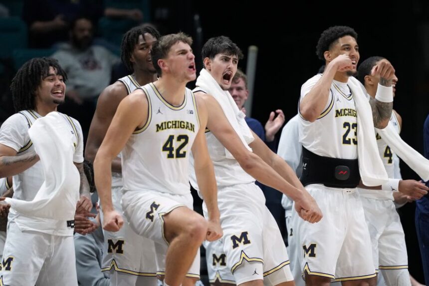 Michigan celebrates as they defeat Gonzaga in an NCAA college basketball game in the Players Era tournament in Las Vegas, Wednesday, Nov. 26, 2025. (AP Photo/Eric Gay)