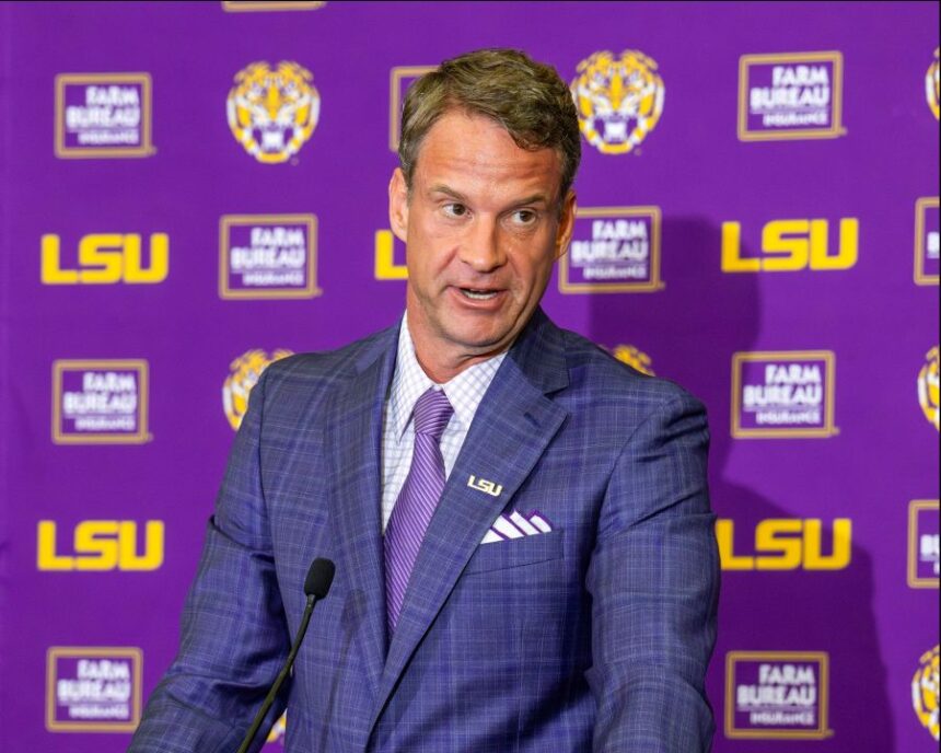 LSU's new head football coach Lane Kiffin gives an opening statement at an introductory news conference, Monday, Dec. 1, 2025, in Baton Rouge, La. (Michael Johnson/The Advocate via AP)