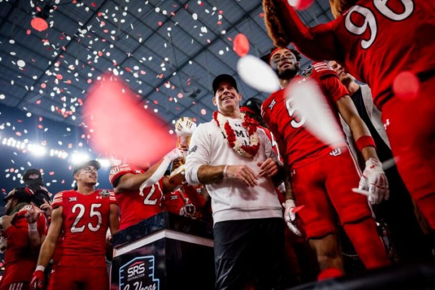 Utah coach Morgan Scalley and the team celebrate after winning the Las Vegas Bowl Wednesday against Nebraska in Las Vegas. | Tess Crowley, Deseret News.