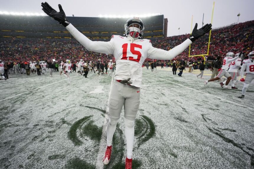 Ohio State Buckeyes defensive lineman Zion Grady celebrates after the team's win against Michigan in an NCAA college football game, Saturday, Nov. 29, 2025, in Ann Arbor, Mich. (AP Photo/Ryan Sun)