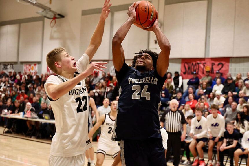 Highland Colton Stucki blocks Pocatello Jordan Wilkinson