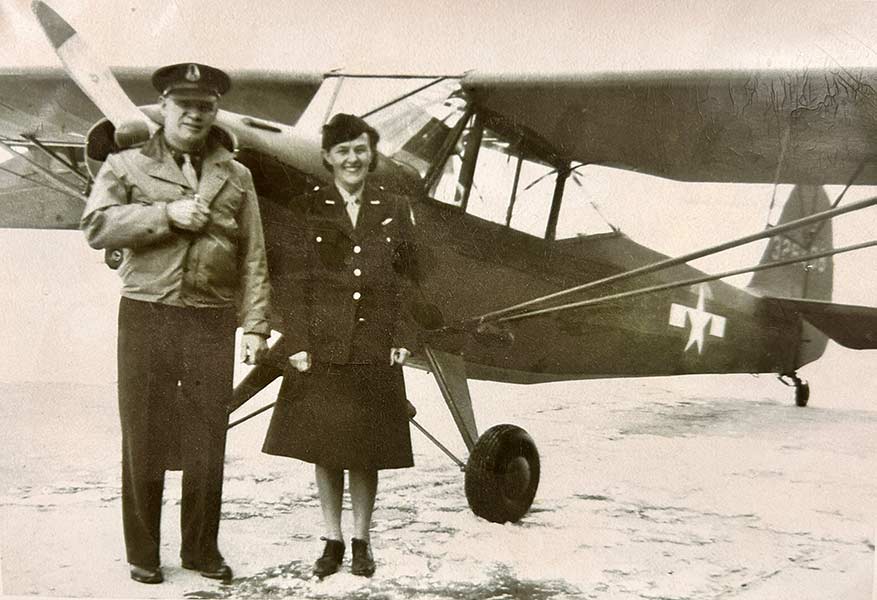 Mark and Onita Hoff, pictured above, were volunteer civilian pilots with the Auxiliary Air Corps, which later became the Civil Air Patrol. Mark was posthumously awarded the Congressional Medal of Honor and the Presidential Medal of Freedom, the nation’s highest civilian honor. | Photo taken from Hoff Family exhibit