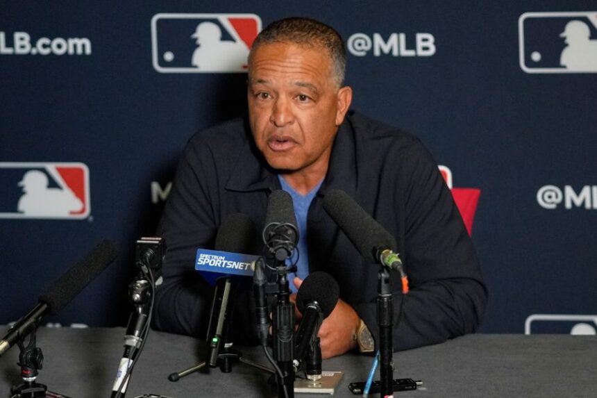Dave Roberts, manager of the Los Angeles Dodgers, answers questions during a news conference at the MLB winter meetings, Monday, Dec. 8, 2025, in Orlando, Fla. (AP Photo/John Raoux)