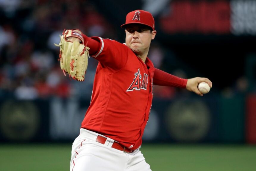 FILE - In this June 29, 2019, file photo, Los Angeles Angels starting pitcher Tyler Skaggs throws to an Oakland Athletics batter during a baseball game in Anaheim, Calif. (AP Photo/Marcio Jose Sanchez, File)