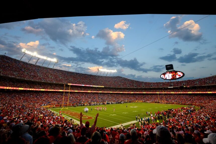 FILE - A general overall interior view of GEHA Field at Arrowhead Stadium during the first half of an NFL football game between the Kansas City Chiefs and the Detroit Lions, Thursday, Sept. 7, 2023 in Kansas City, Mo. (AP Photo/Reed Hoffmann, File)