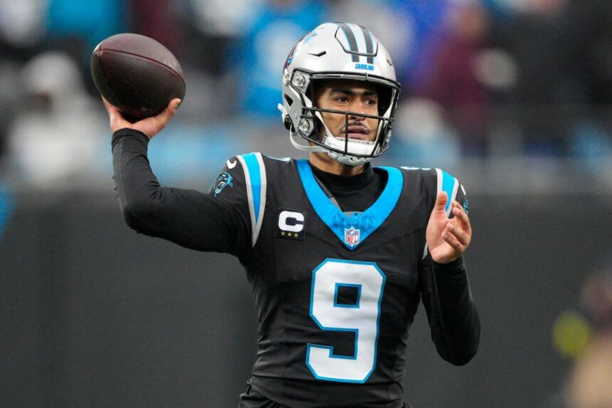 Carolina Panthers quarterback Bryce Young passes against the Seattle Seahawks during the second half of an NFL football game, Sunday, Dec. 28, 2025, in Charlotte, N.C. (AP Photo/Jacob Kupferman)