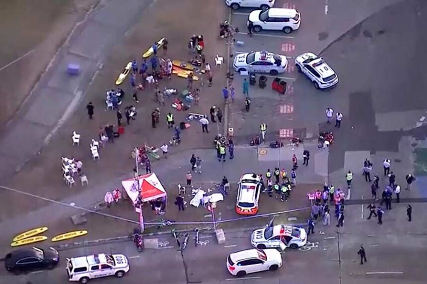 An aerial view of emergency personnel working at the scene of a shooting incident at Bondi Beach in Sydney, Australia on December 14. Mandatory Credit: Nine Network/Seven Network/AUSTR/Reuters via CNN Newsource