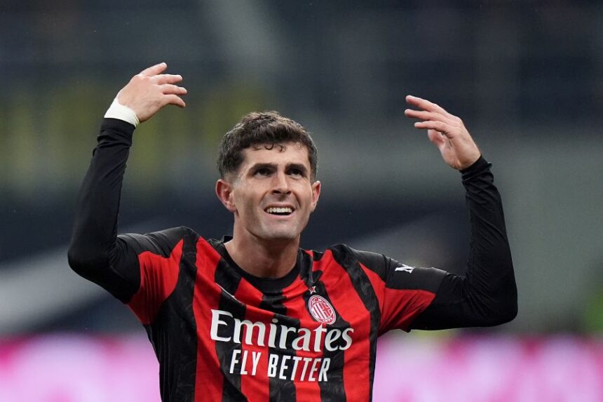 AC Milan's Christian Pulisic celebrates after scoring during the Serie A soccer match between Inter Milan and AC Milan in Milan, Italy, Sunday, Nov. 23, 2025. (Spada/LaPresse via AP)