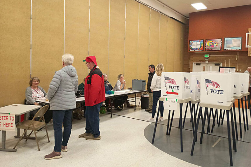 Voters in the runoff election at Wilcox Elementary School in Pocatello on Tuesday, Dec. 2, show their patriotism and Christmas spirit. | Lisa Lete, EastIdahoNews.com