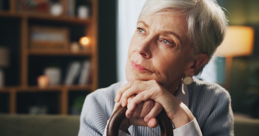 walking stick thinking and senior woman in home w 2025 04 06 09 24 44 utc