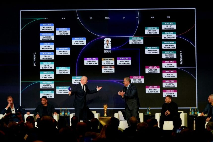 From left: Alexi Lalas and Ronaldo listen as FIFA President Gianni Infantino and host Andrés Cantor applaude as Francesco Totti, and Hristo Stoichkov look on during the match schedule reveal for the 2026 soccer World Cup in Washington, Saturday, Dec. 6, 2025. (AP Photo/Chris Carlson)