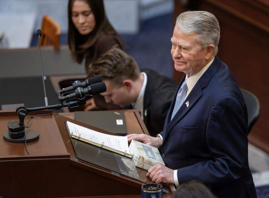 Gov. Brad Little gives the State of the State address at the Idaho Capitol on Jan. 12. (Credit: Sarah A. Miller, Idaho Statesman)