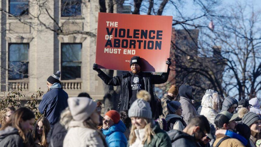 People hold anti-abortion signs at a rally at the Idaho Capitol for Idaho Right To Life’s annual March For Life event, Saturday, Jan. 24, 2026. | Sarah A. Miller, Idaho Statesman