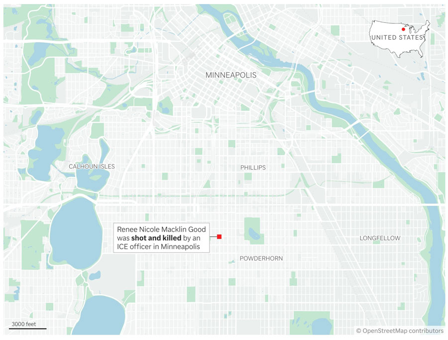 A map showing where a woman was shot and killed by an ICE officer in Minneapolis, Minnesota on Wednesday. | AP Digital Embed