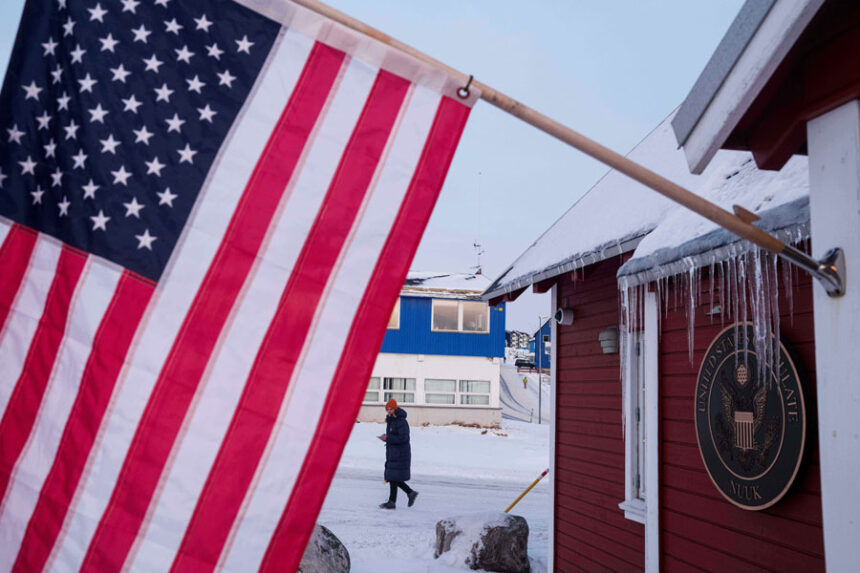 An American flag is displayed on the facade of the US consulate in Nuuk, Greenland, Wednesday, Jan. 14, 2026. (AP Photo/Evgeniy Maloletka)