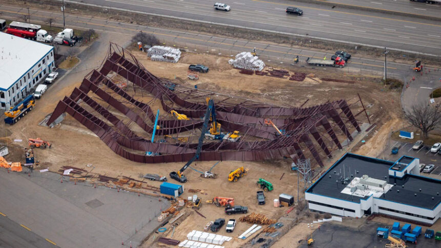 An unfinished engineered steel hangar collapsed near the Boise Airport on Jan. 31, 2024, killing three workers and injuring nine others. A wrongful death lawsuit against the project’s general contractor was recently settled. | Courtesy City of Boise