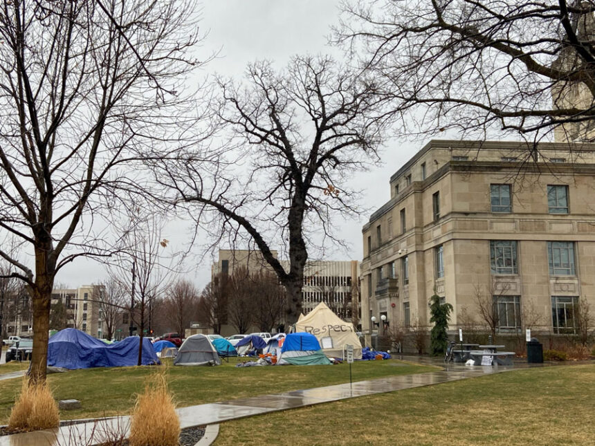 A bill introduced Friday would ban camping on state property and limit "symbolic tents" to certain hours during the day. A large encampment was erected in 2022 near the state Capitol to raise awareness about the challenges of the those experiencing homelessness. | Christina Lords, Idaho Capital Sun