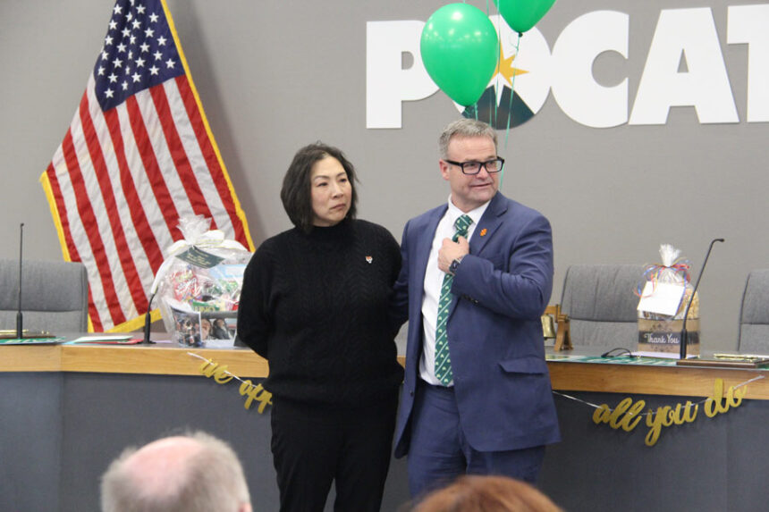 Former Mayor Brian Blad praises his wife, Laura Blad, for her support during a farewell event at the City Council Chambers building on Thursday, Jan. 8, 2026.| Logan Ramsey, EastIdahoNews.com