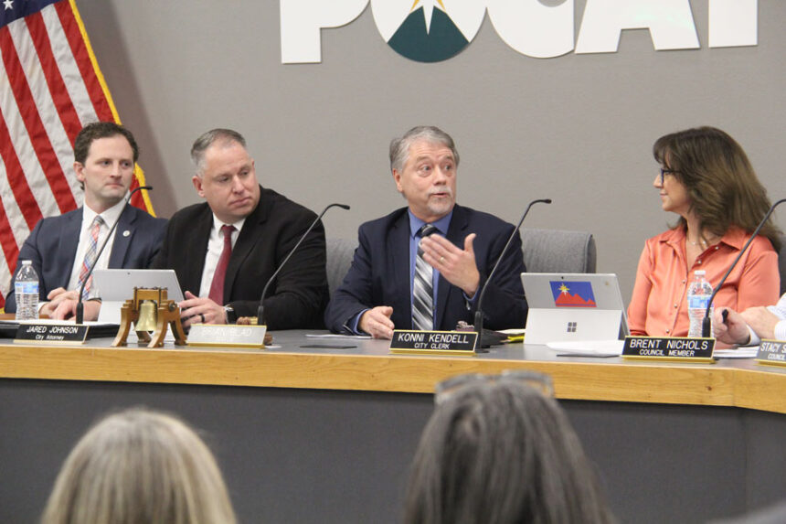 Mayor Mark Dahlquist addresses the Pocatello City Council and audience at a swearing-in ceremony on Thursday, Jan. 8, 2026.