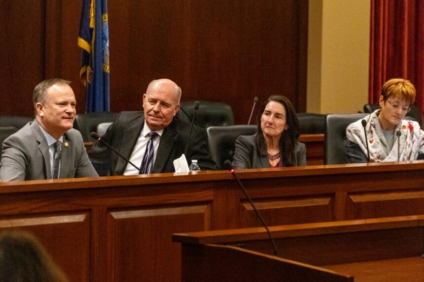 Idaho Republican and Democratic legislative leaders speak to reporters at a legislative preview on Jan. 8, 2026. From left to right: Republican Senate President Pro Tempore Kelly Anthon, Republican House Speaker Mike Moyle, Democratic House Minority Leader Ilana Rubel, and Democratic Senate Minority Leader Melissa Wintrow. (Photo by Kyle Pfannenstiel/Idaho Capital Sun)