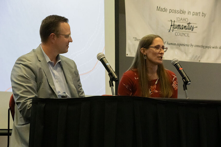 (Left) CEO of Bingham Healthcare Jake Erickson and (right) OB-GYN Heather Pugmire speaking at City Club of Idaho Falls over Idaho's current landscape involving obstetric servies and stock of physicians. | Daniel V. Ramirez, EastIdahoNews.com