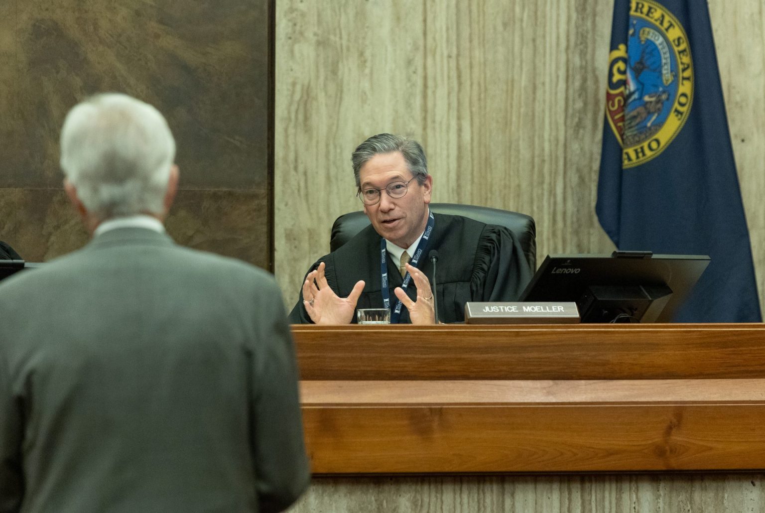 Justice Gregory Moeller speaks during oral arguments at the Idaho Supreme Court on Friday, Jan. 23, 2026, in Boise. (Sean Dolan/EdNews)