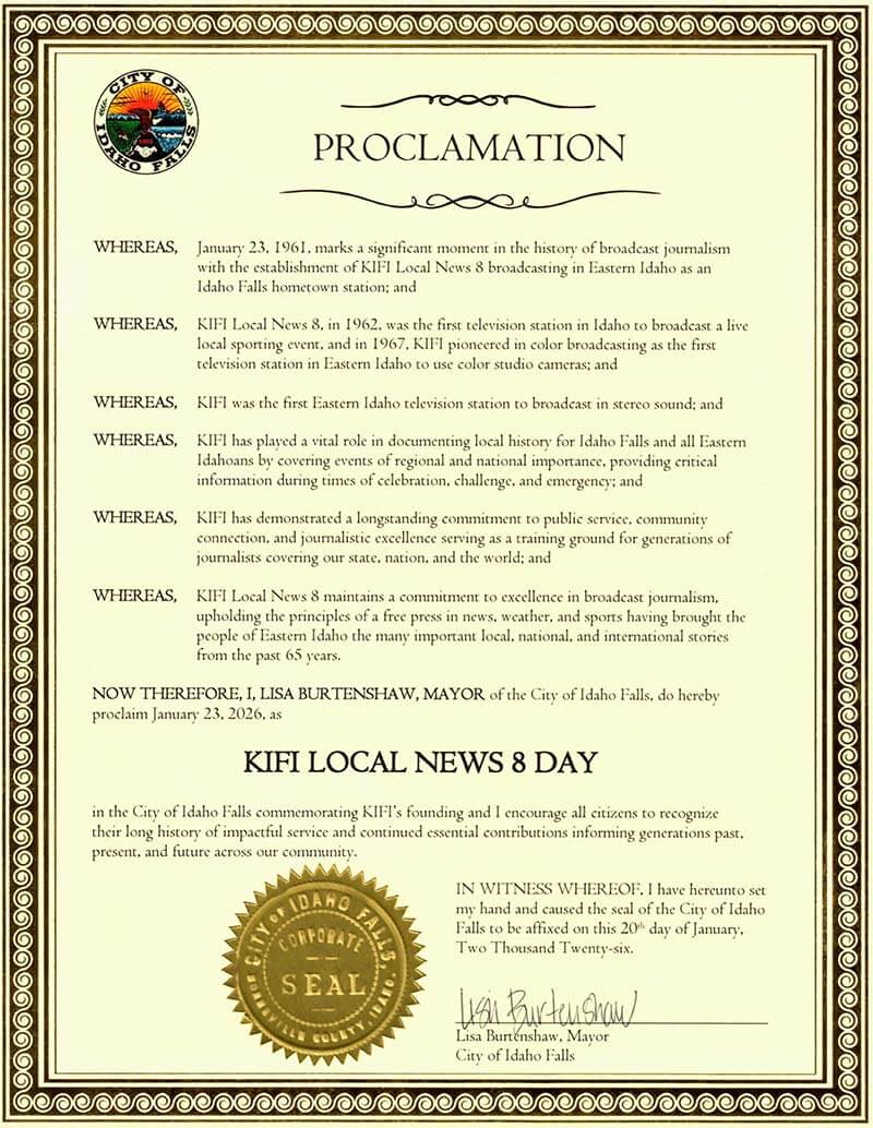 City of Idaho Falls Proclomation marking Jan. 23 as KIFI Local News 8 Day. | Courtesy City of Idaho Falls.