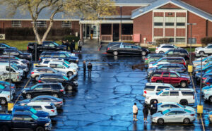 Circles made with spray paint remain outside a meetinghouse of The Church of Jesus Christ of Latter-day Saints at 660 N. Redwood Rd. in Salt Lake City on Thursday, Jan. 8, 2026. A shooting occurred the night before at the building when a funeral was taking place. | Isaac Hale, Deseret News