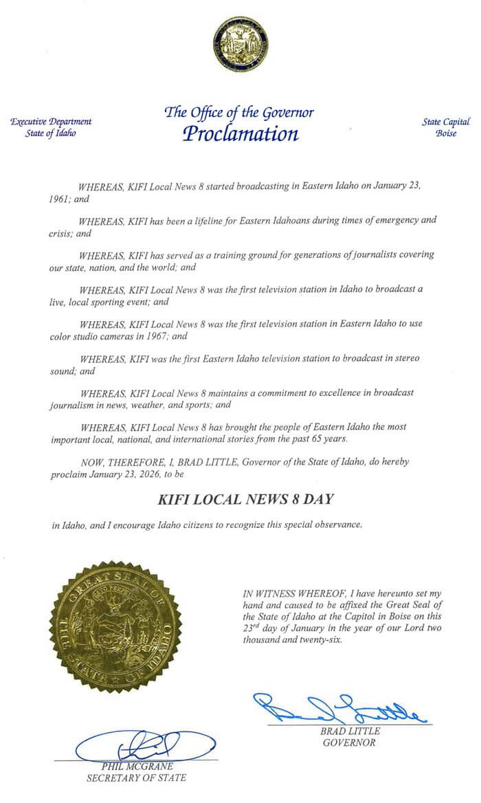 Proclamation from Gov. Brad Little that marks Jan. 23 as KIFI Local News 8 Day for the state of Idaho. | Courtesy Local News 8.