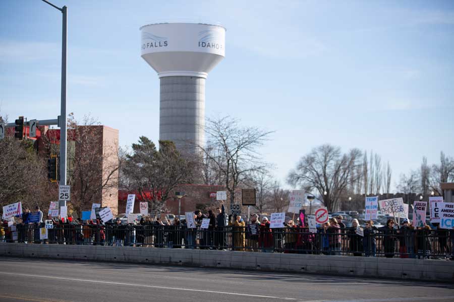 Protestors line up on Broadway Bridge in Idaho Falls on Saturday, Jan. 31, 2026.