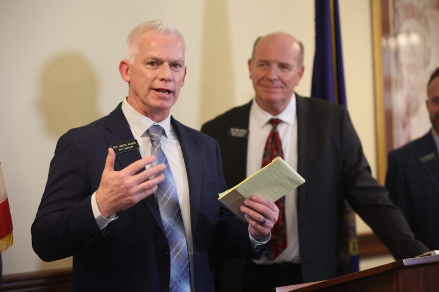 House Assistant Majority Leader Jason Monks, R-Meridian, speaks to reporters at a post-State of the State Address press conference on Jan. 12, 2026, at the Idaho Capitol in Boise. Also pictured is Idaho House Speaker Mike Moyle, R-Star. (Photo by Pat Sutphin for the Idaho Capital Sun)