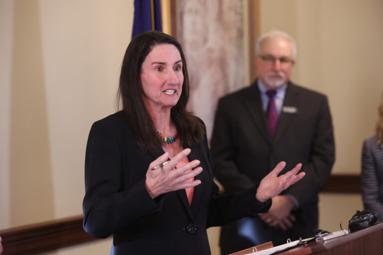 House Minority Leader Ilana Rubel, D-Boise, speaks at a press conference held after the governor’s State of the State Address on Jan. 12, 2026, at the Idaho Capitol in Boise. (Photo by Pat Sutphin for the Idaho Capital Sun)