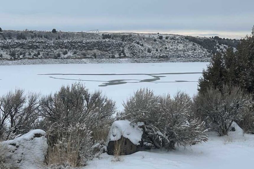 Thin ice and open water area on Ririe Reservoir after the snowstorm on Wednesday, Jan. 28, 2026.
