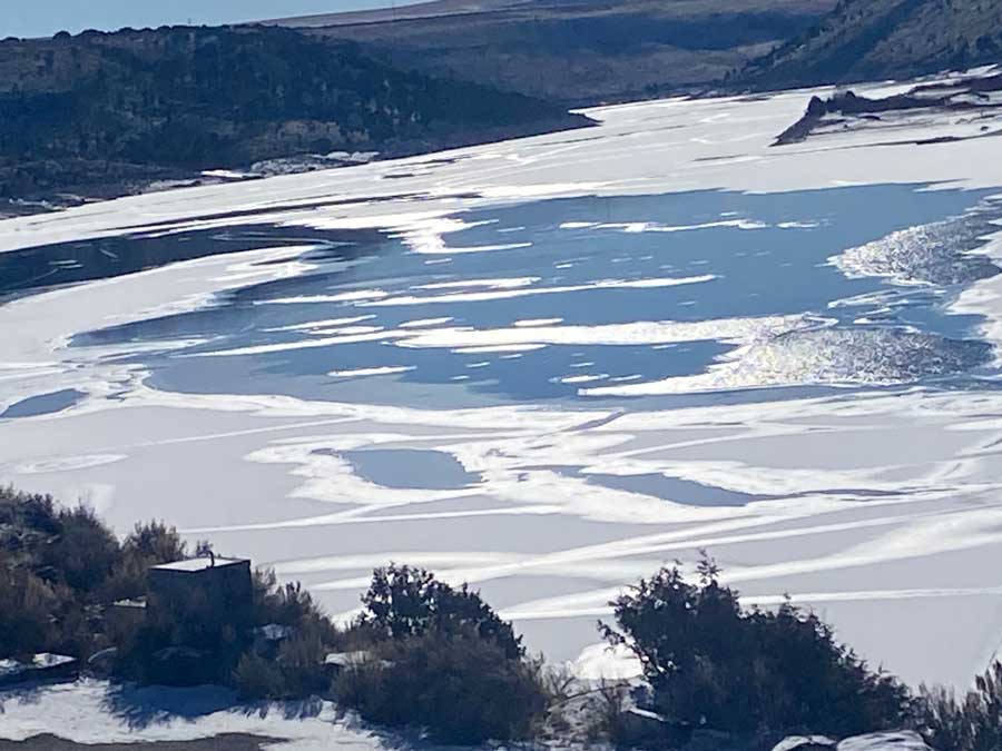 Ice builds near the dam at Ririe Reservoir on Monday, Jan. 26, 2026.