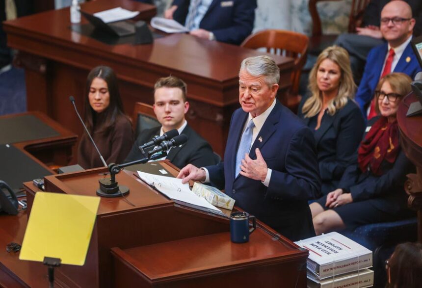 Gov. Brad Little speaks to the Idaho Legislature during the 2026 State of the State address.