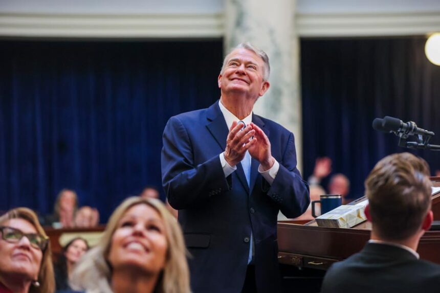 Gov. Brad Little speaks to the Idaho Legislature during the 2026 State of the State address.