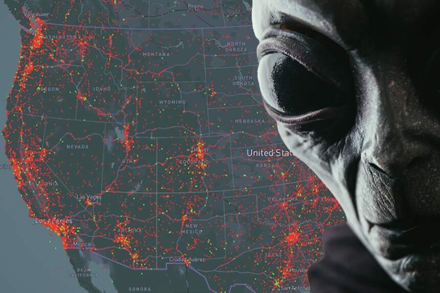 alien head and UFO sightings map